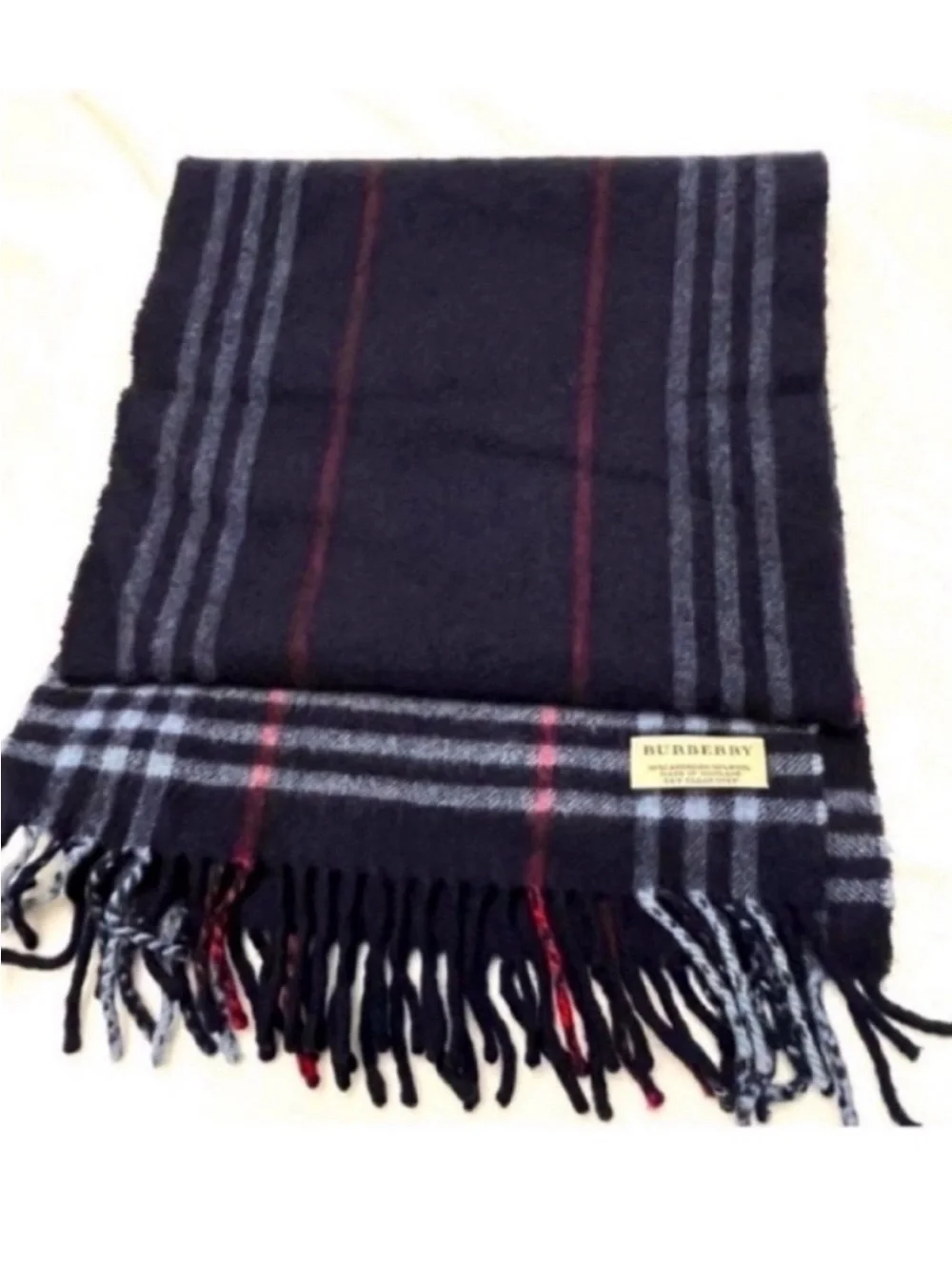 Burberry Cashmere Men's Navy Plaid Fringe Scarf